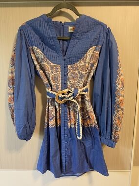 Blue Paisley-Panel Mini Dress with Braided Belt